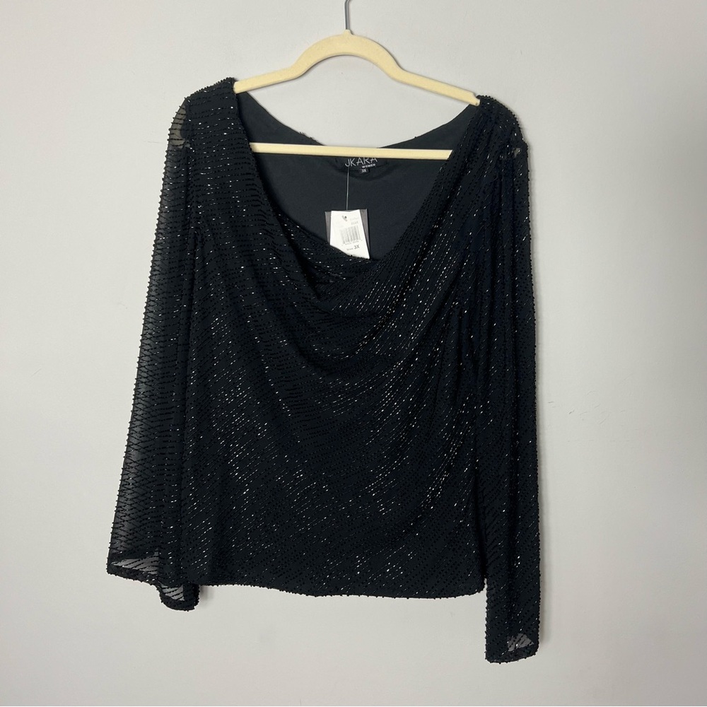 NEW Jkara Women’s Beaded Sequin Top Long Sleeve Fancy Black Plus Size 3X 409